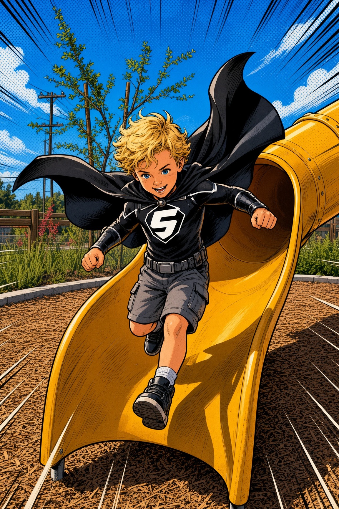 A cheerful child superhero on a yellow playground slide
