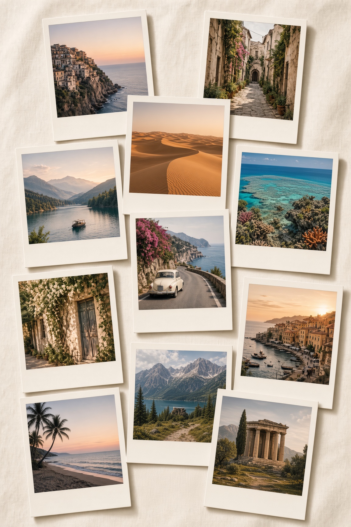 A collection of instant-style travel photographs with coastlines, mountains, and villages