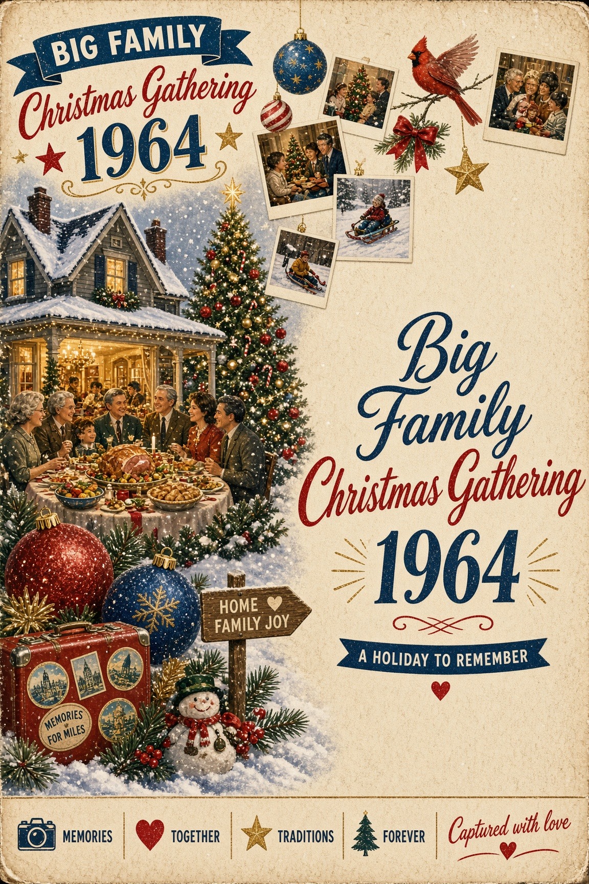 A vintage family Christmas cover with photographs and holiday illustrations