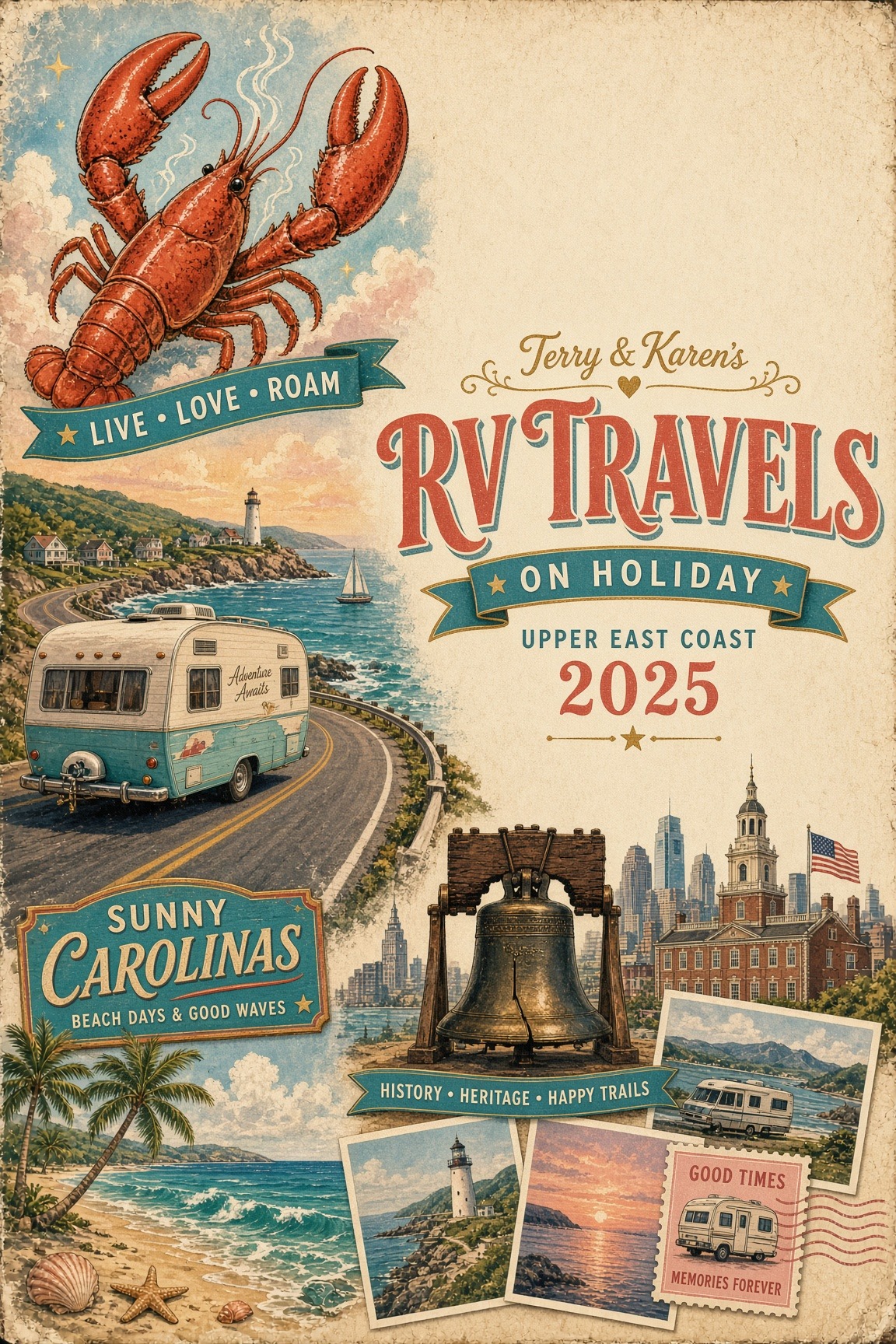 An illustrated East Coast RV travel cover with a lighthouse, lobster, and coastal landmarks